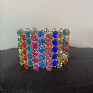 Wide Spring-Hinged Rhinestone Bangle Bracelet Muliti-Color Bling